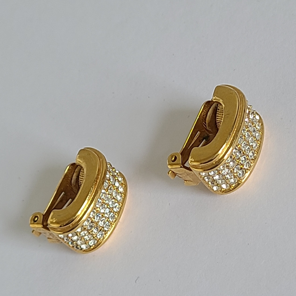 Vintage Christian Dior Designer Luxury Crystal Chunky Gold Clip On Stud Earrings - Picture 3 of 10